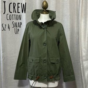 J Crew Jacket-Sz 4-Cotton Olive Green-Lightweight-SnapUp Front-Pockets